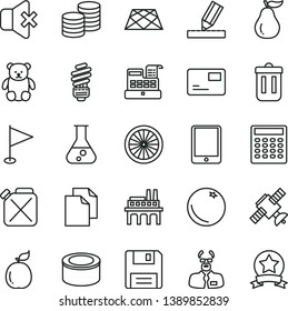 thin line vector icon set - clean paper vector, pennant, small teddy bear, saving light bulb, drawing, pavement, no sound, pass card, coins, canned goods, orange, half of, guava, ripe, canister