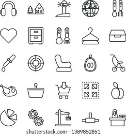 thin line vector icon set - bedside table vector, Baby chair, summer stroller, plastic fork spoons, iron, heart, drawer, put in cart, hanger, size, chicken, apple, half loquat, Construction crane