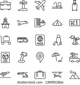 thin line vector icon set - suitcase vector, passport, coastal lighthouse, sand castle, helicopter, dollar pin, plane, bus, passenger, rolling, ticket, departure, hotel, tent, beach, palm tree, pool