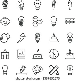 thin line vector icon set - matte light bulb vector, children's hairdo, box of bricks, cake, birthday, brickwork, saving, writing accessories, drawing, honeycombs, drop, energy, book on statistics