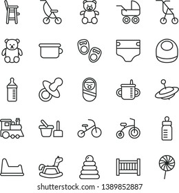 thin line vector icon set - baby cot vector, dummy, mug for feeding, bottle, measuring, diaper, bib, carriage, summer stroller, sitting, stacking rings, roly poly doll, toy sand set, chair, a child