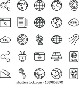 thin line vector icon set - sign of the planet vector, earth, passport, solar panel, plug, CO2, carbon dyoxide, connection, connections, globe, recession, newspaper, network, browser, man hold world