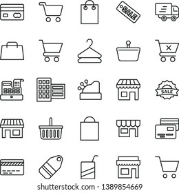 thin line vector icon set - paper bag vector, grocery basket, bank card, e, city block, cart, crossed, cards, kiosk, hanger, label, stall, shopping, reverse side of a, hand, Express delivery, store