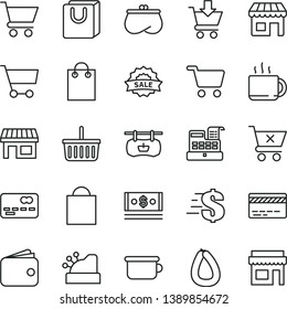 thin line vector icon set - paper bag vector, grocery basket, bank card, dollar, children's potty, cart, put in, crossed, with handles, stick of sausage, cup tea, kiosk, stall, shopping, front the