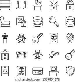 thin line vector icon set - prohibition vector, Baby chair, key, road fence, lock, passport, big data, reverse side of a bank card, encrypting, biohazard, airport tower, rope barrier, identity