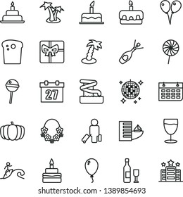 thin line vector icon set - daily calendar vector, colored air balloons, balloon, cake, birthday, Easter, torte, Chupa Chups, lollipop, glass, pumpkin, wall, giftbox, wine, champagne, passenger