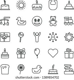 thin line vector icon set - toys over the cradle vector, bib, rubber duck, baby duckling, teddy bear, toy train, balloon, cake, birthday, heart, gift, Easter, torte, Chupa Chups, lollipop, giftbox