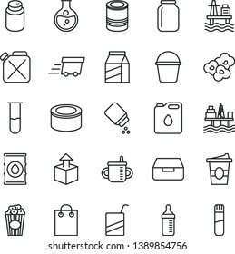 thin line vector icon set - mug for feeding vector, measuring bottle, powder, baby, e, bucket, drawer, package, unpacking, canned goods, tin, popcorn, cup of, coffe to go, sea port, round flask, oil