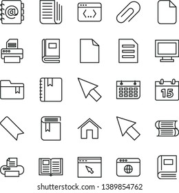 thin line vector icon set - monitor window vector, clip, bookmark, clean sheet of paper, folder, book, books, home, calendar, notebook, address, wall, newspaper, printer, browser, coding, cursor