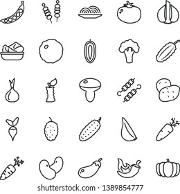 thin line vector icon set - fried vegetables on sticks vector, onion, mushroom, lettuce in a plate, meat skewers, cabbage, cucumber, tomato, chili, garlic, carrot, mulberry, sweet date fruit, potato