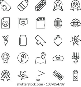 thin line vector icon set - add bookmark vector, label, pennant, question, winch hook, Hot Dog, medlar, melon, radish, CO2, jar, vintage sign, season sale, sd card, medal, bang, star ribbon, map