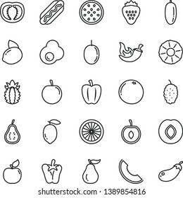 thin line vector icon set - Hot Dog vector, chili, peper, fried egg, strawberry, apricot, plum, mulberry, slice of melon, date fruit, tasty, half cherry, passion, lemon, yellow, orange, grapefruit