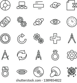 thin line vector icon set - clock face vector, renewal, plus, minus, clockwise, tumbler, cogwheel, eye, CD, delete page, porcini, plate, gears, scribed compasses, Measuring, scheme, ring diagram