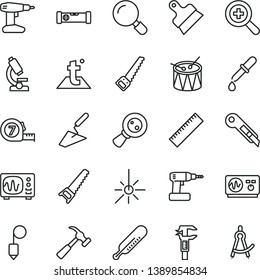 thin line vector icon set - yardstick vector, zoom, mercury thermometer, drum, trowel, cordless drill, hand saw, arm, long meashuring tape, construction level, plummet, putty knife, stationery