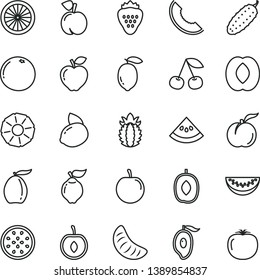 thin line vector icon set - cucumber vector, strawberry, cherry, peach, ripe, quince, red apple, slice of melon, half mango, loquat, delicious plum, water, tangerine, tasty, lemon, yellow, orange