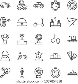 thin line vector icon set - motor vehicle vector, present, Kick scooter, warm hat, pedestal, racer, retro car, stopwatch, winner, podium, cup, star reward, pennant, purpose, first place medal, aim