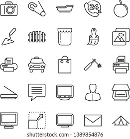 thin line vector icon set - image of thought vector, monitor, camera, envelope, open pin, bath, building trowel, plastic brush, fence, picture, car, 24, expand, jam, tasty plum, welding, woman, bag