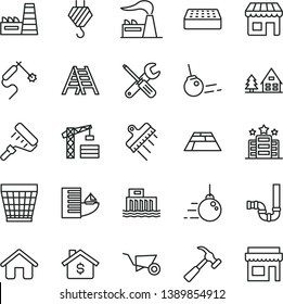 thin line vector icon set - wicker pot vector, tower crane, house, hook, big core, building trolley, small tools, paint roller, ladder, siphon, brick, spatula, paving slab, hammer with claw, factory