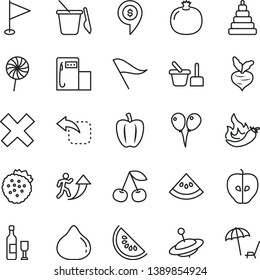 thin line vector icon set - wind direction indicator vector, cross, pennant, stacking toy, sand set, children's, yule, colored air balloons, move left, lollipop, strawberries, cherry, pomegranate