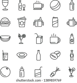 thin line vector icon set - mug for feeding vector, measuring cup, bottle, bath ball, e, packing of juice with a straw, coffee, burger, plate milk, beans, tea, coffe to go, glass soda, cocktail, can