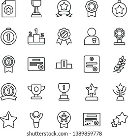 thin line vector icon set - star vector, pedestal, medal, patente, winner, laurel branch, prize, award, cup, gold, reward, man with, first place, pennant, ribbon, certificate, three stars
