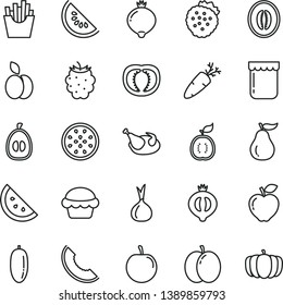 thin line vector icon set - cake vector, chicken, carrot, French fries, jam, strawberries, apple, orange slice, red, medlar, half of, blackberry, melon, water, date fruit, loquat, tasty plum, guawa