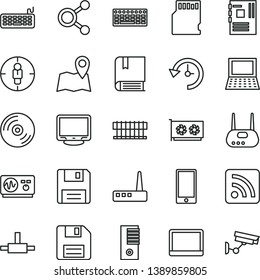 thin line vector icon set - floppy disk vector, rss feed, e, CD, smartphone, connections, goal woman, notebook pc, radiator fan, keyboard, tower, motherboard, gpu card, monitor, router, connect, sd