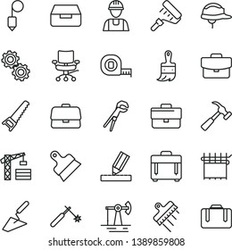 thin line vector icon set - briefcase vector, tower crane, builder, trowel, adjustable wrench, hand saw, measuring tape, paint roller, wooden brush, drawing, helmet, plummet, putty knife, spatula