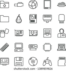 thin line vector icon set - laptop vector, archive, upload folder, operator, onion, part of guava, computer, tablet pc, motherboard, cpu, memory, card, web camera, cd, usb flash, network, floppy, sd