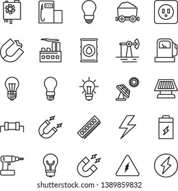 thin line vector icon set - lightning vector, cordless drill, bulb, power socket type b, charging battery, big solar panel, working oil derrick, gas station, modern, light, industrial building, sun
