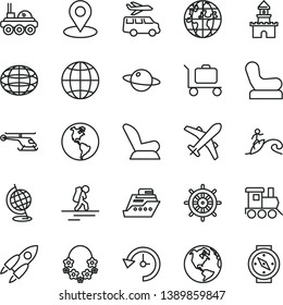 thin line vector icon set - Baby chair vector, car child seat, toy train, earth, planet, geolocation, globe, history, rocket, lunar rover, sand castle, helicopter, backpacker, plane, hawaii wreath