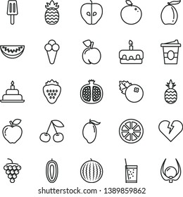 thin line vector icon set - birthday cake vector, broken heart, torte, coffe to go, a glass of soda, popsicle, cone, blueberries, strawberry, pineapple, cherry, peach, half pomegranate, large grape