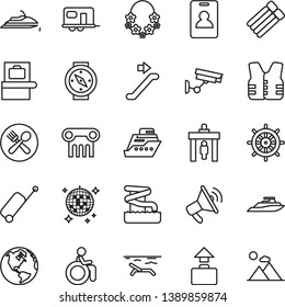thin line vector icon set - earth vector, camper, escalator, identity card, security gate, baggage scanner, rolling case, beach, hawaii wreath, disco ball, aquapark, cafe, disabled, surveillance
