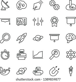 thin line vector icon set - chili vector, omelette, printer, zoom, brain, gears, settings, oscilloscope, magnet, graduate hat, artifical insimination, growth graph, medal, satellite antenna, saturn