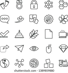 thin line vector icon set - clean sheet of paper vector, footprints, cubes for children, birthday cake, Puzzles, star gear, lock, eye, coffee, move right, pizza, honeycombs, planet Earth, speech