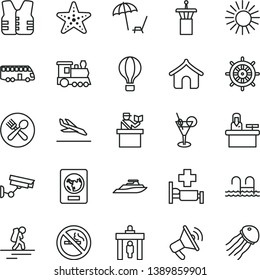 thin line vector icon set - train vector, bus, air balloon, backpacker, airport tower, security gate, passort control, passport, arrival, boungalow, arnchair under umbrella, sun, cocktail, pool