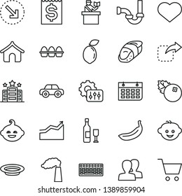 thin line vector icon set - heart symbol vector, women, motor vehicle, children's hairdo, funny, sewerage, move right, bottom arrow, bundle of eggs, plate, sushi, blueberries, banana, sour lime