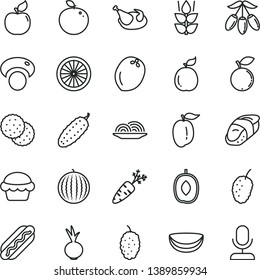 thin line vector icon set - Hot Dog vector, onion, cake, chicken, cucumber, beet, sushi, biscuit, mint, apricot, blueberry, mulberry, tasty, water melon, goji berry, delicious plum, ripe, apple