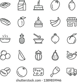 thin line vector icon set - plates and spoons vector, cake, package, piece of cheese, birthday, hot porridge, chicken thigh, chop, chili, garlic, coffee beans, japanese sushi, a pineapple, orange