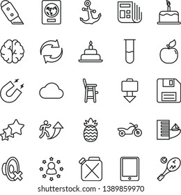 thin line vector icon set - floppy disk vector, renewal, silent mode, a chair for feeding child, birthday cake, knife, anchor, apricot, pineapple, canister, morning paper, tablet pc, cloud, brain