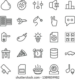 thin line vector icon set - alarm clock vector, add bookmark, bar chart, door knob, city block, no sound, size, piece of pizza, porridge in a saucepan, small fish, strawberries, fig, eggplant, bulb