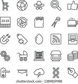 thin line vector icon set - zoom out vector, hat with glasses, add label, rss feed, archive, baby carriage, a chair for feeding child, abacus, adjustable wrench, door knob, thumb up, storm cloud