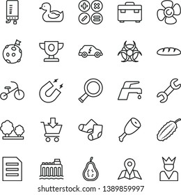 thin line vector icon set - rubber duck vector, Knitted Socks, tricycle, suitcase, faucet mixer, electronic boiler, map, put in cart, math actions, loaf, chicken thigh, part of guava, cucumber, file