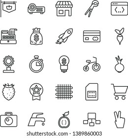 thin line vector icon set - stopwatch vector, child bicycle, adjustable wrench, faucet mixer, camera, cart, beet, tasty raspberry, half of guawa, radish, weaving, SIM card, kiosk, vintage sign, cup