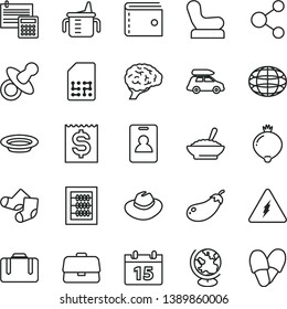 thin line vector icon set - purse vector, hat, dummy, measuring cup for feeding, new abacus, Baby chair, Knitted Socks, calculation, calendar, a bowl of buckwheat porridge, plate, medlar, eggplant