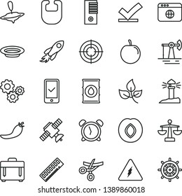 thin line vector icon set - alarm clock vector, scales, bib, small yule, case, plate, plum, tasty, red pepper, working oil derrick, leaves, coastal lighthouse, space rocket, gears, pc tower, memory