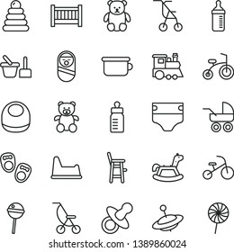 thin line vector icon set - baby cot vector, dummy, feeding bottle, measuring for, diaper, bib, carriage, summer stroller, sitting, stacking rings, roly poly doll, toy sand set, children's potty