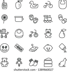 thin line vector icon set - baby powder vector, bib, rubber duck, warm socks, toy mobile phone, children's potty, teddy bear, small, hairdo, train, yule, child bicycle, tricycle, piece of cake, pear