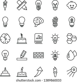 thin line vector icon set - matte light bulb vector, children's hairdo, cake, birthday, brickwork, saving, writing accessories, drawing, honeycombs, drop, book on statistics, brain, flame torch