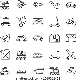 thin line vector icon set - paper airplane vector, baby toy train, Kick scooter, child, traffic signal, cardboard box, shipment, commercial seaport, coal mining, conveyor, canister, electric car